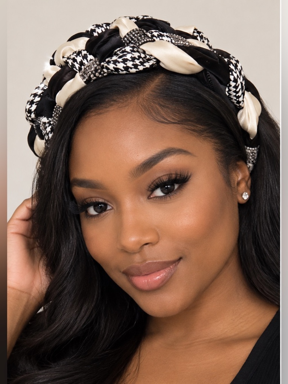 Black White Houndstooth Braided Rhinestone Headband